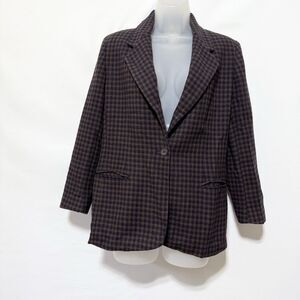Leslie Fay Petite 6P Wool Blend Blazer Purple Green Houndstooth Plaid Jacket
